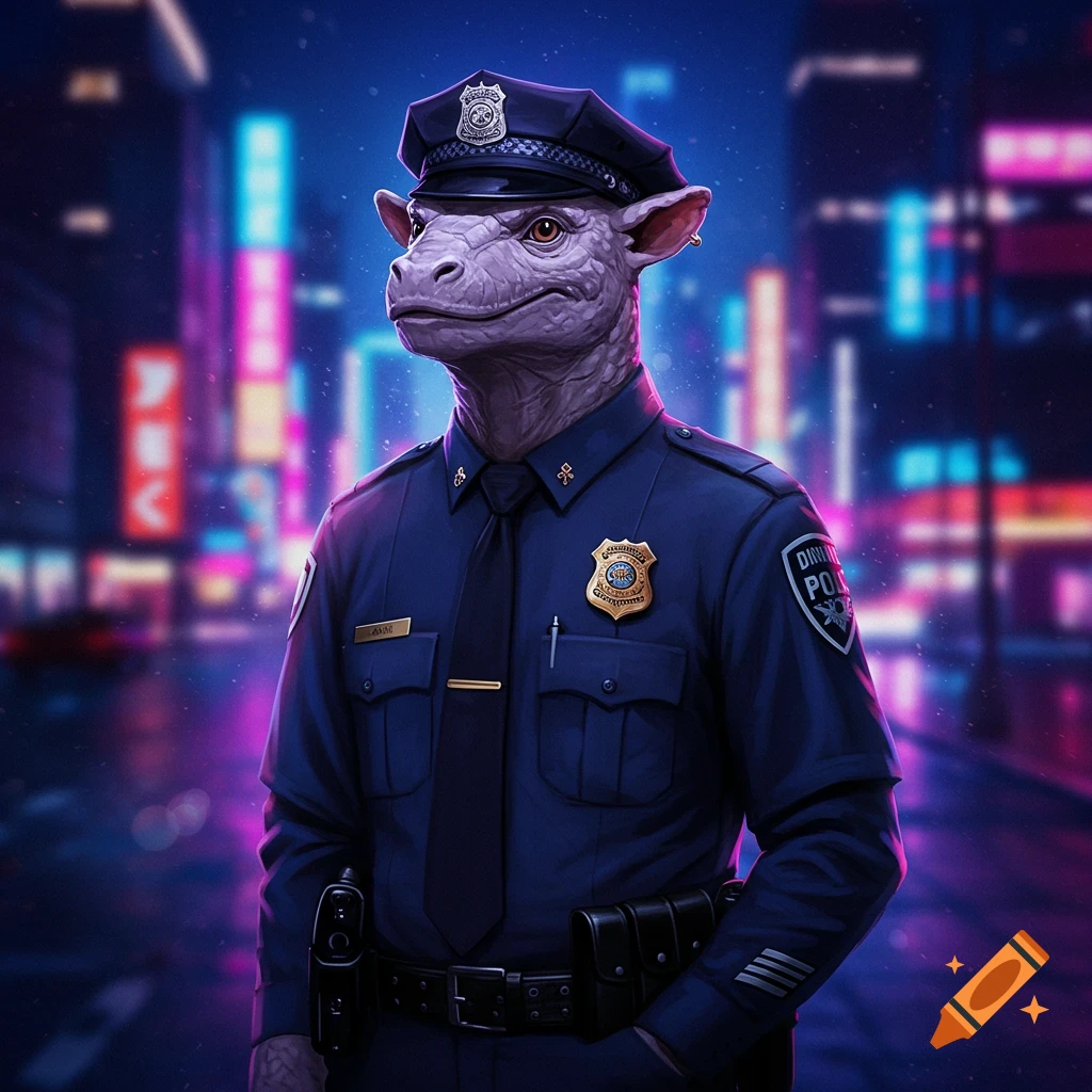 A fantasy creature in a police uniform standing on a neon-lit city street.