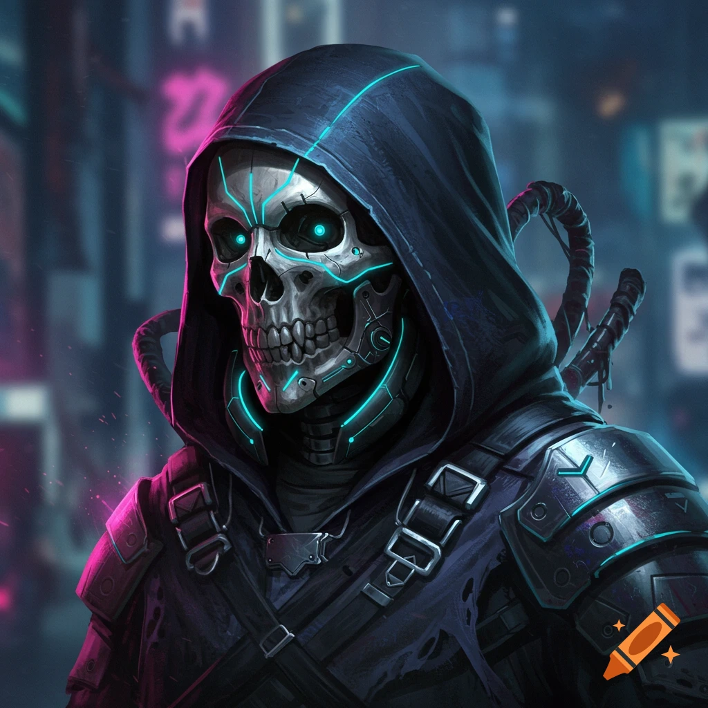 A figure wearing a skull mask, futuristic armor, and a hooded robe against a neon cyberpunk background.