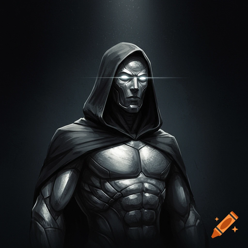 A figure with metallic skin, glowing eyes, and a black hooded cloak.
