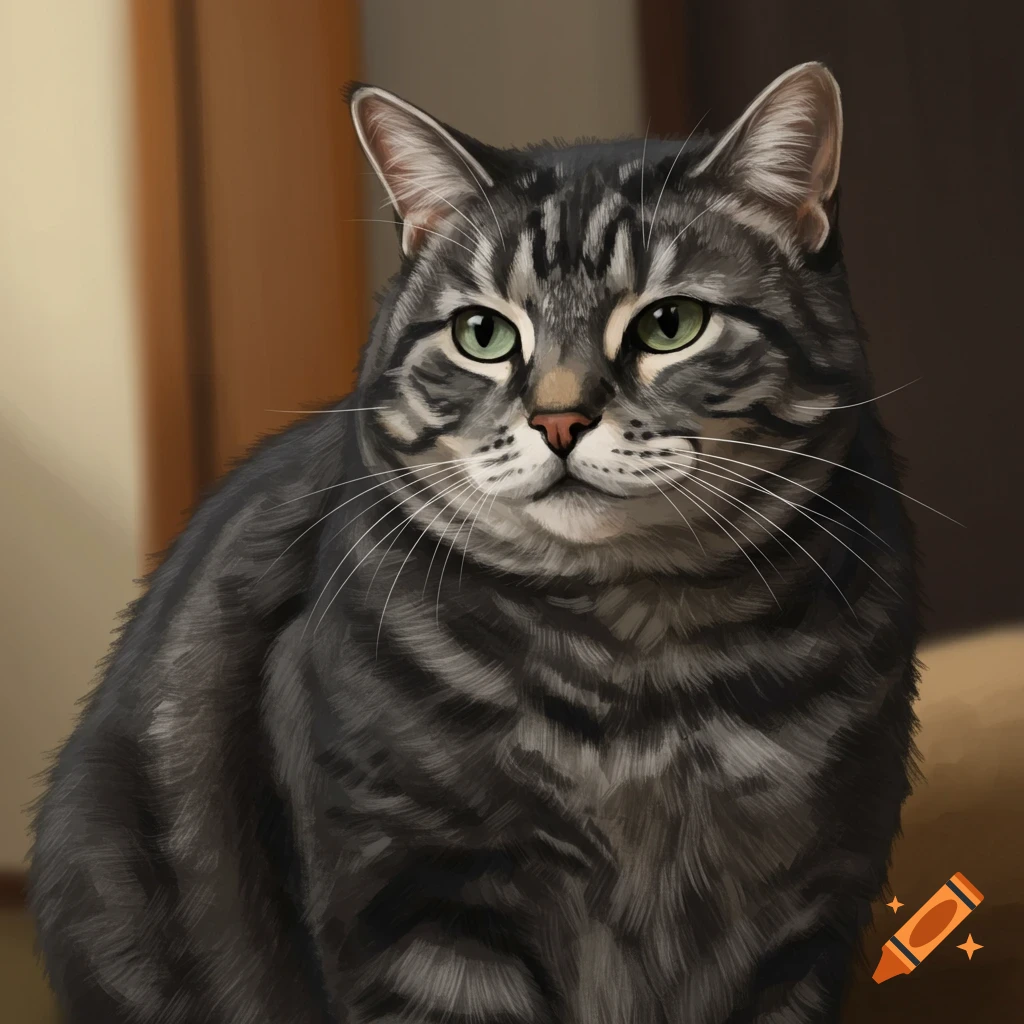 A grey tabby cat with green eyes looking forward.
