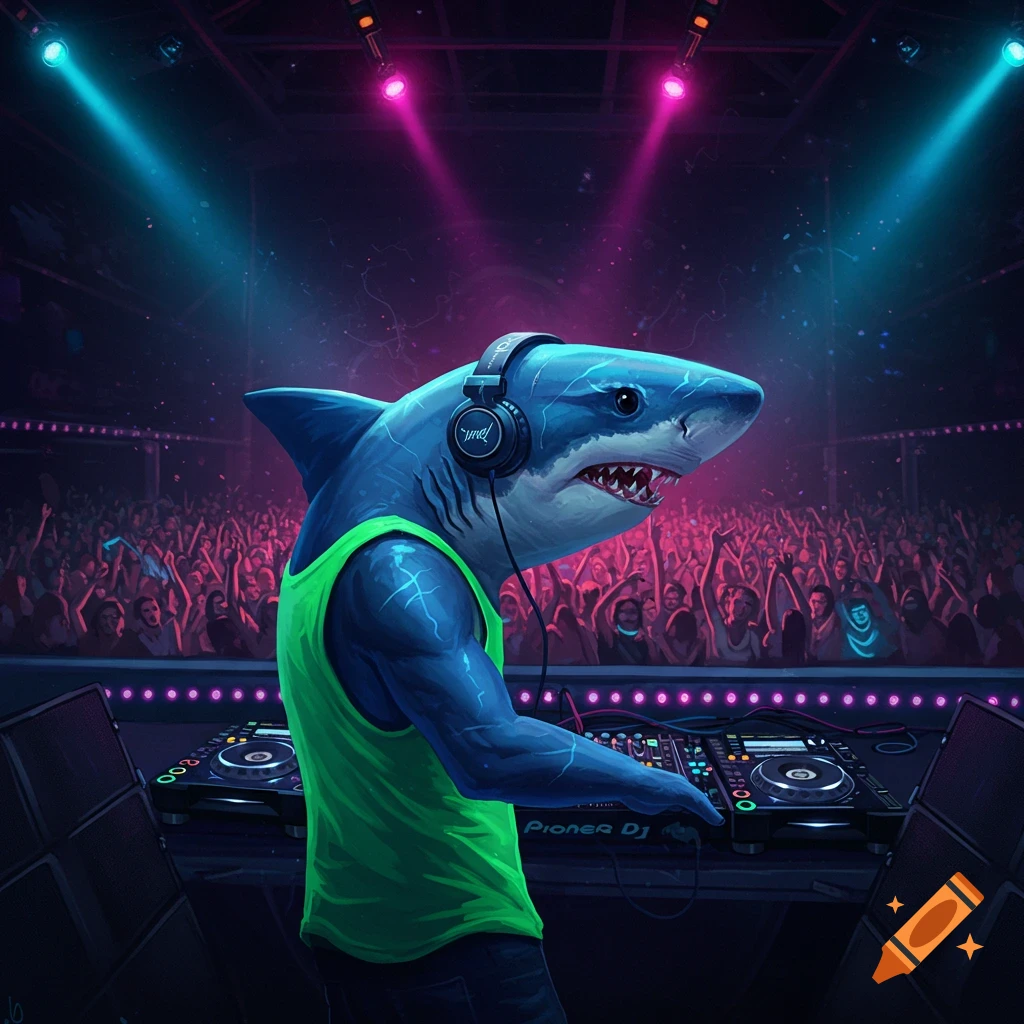 A shark wearing headphones and a tank top, DJing in front of a cheering crowd in a neon-lit club.