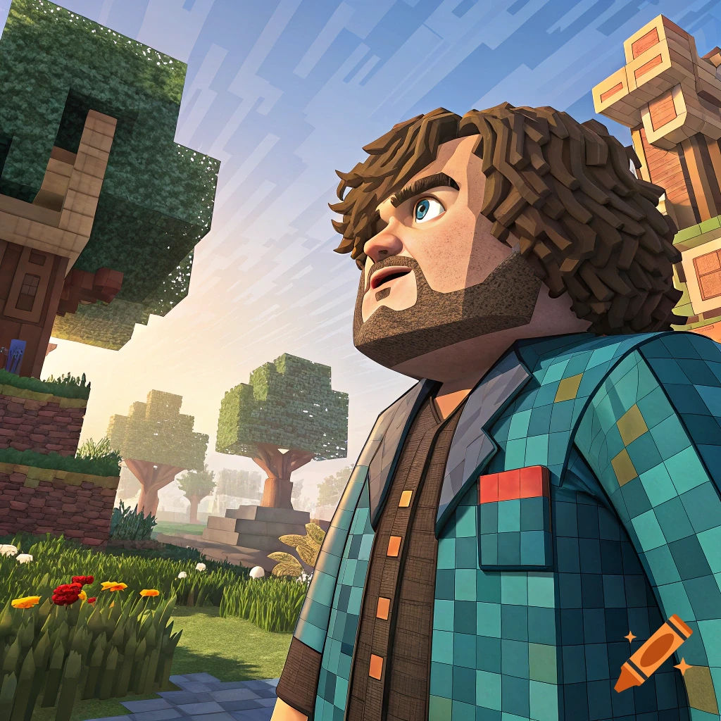 Blocky character resembling Jack Black looking up in a Minecraft-like landscape.