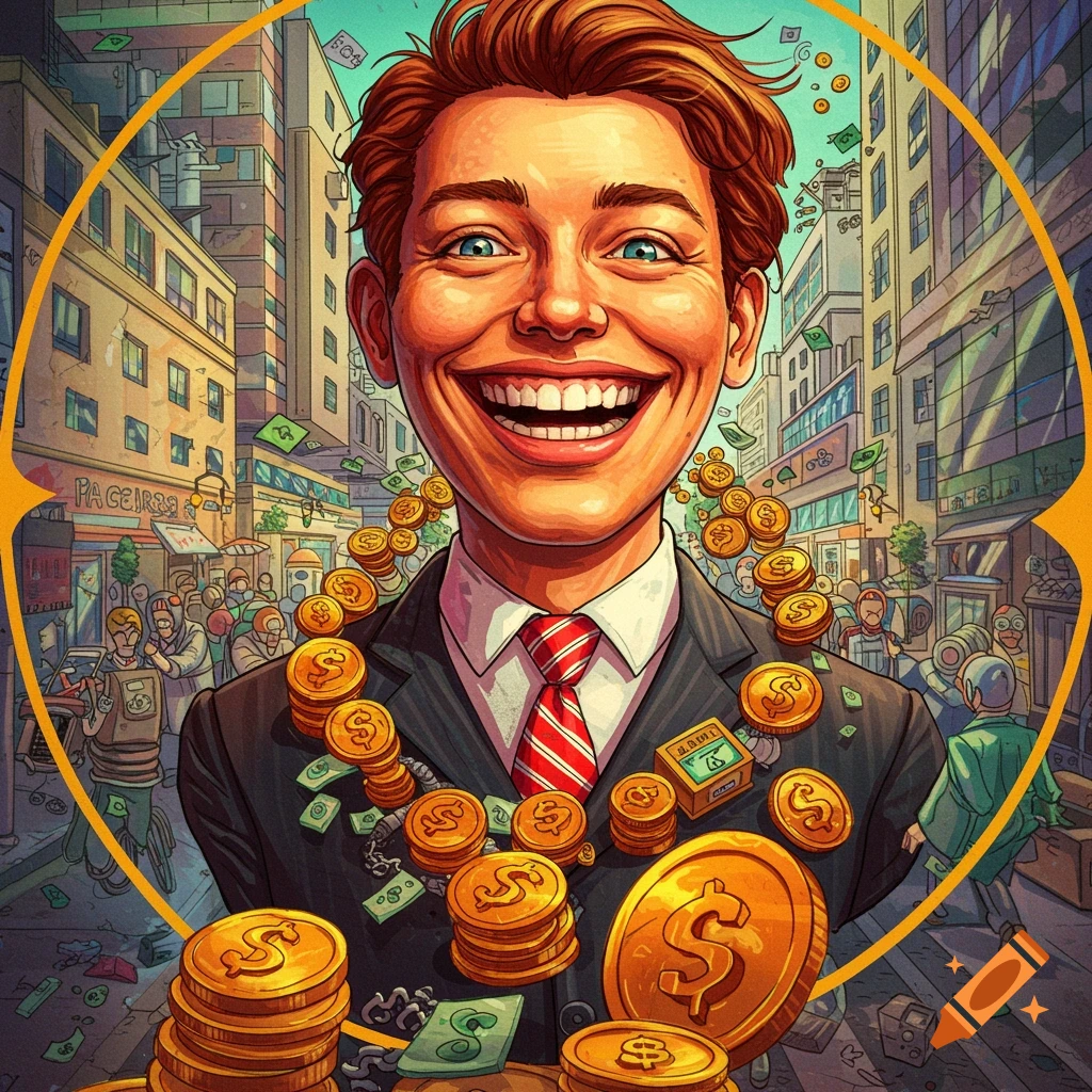 A man in a suit with a wide grin is surrounded by money and gold coins on a vibrant city street.
