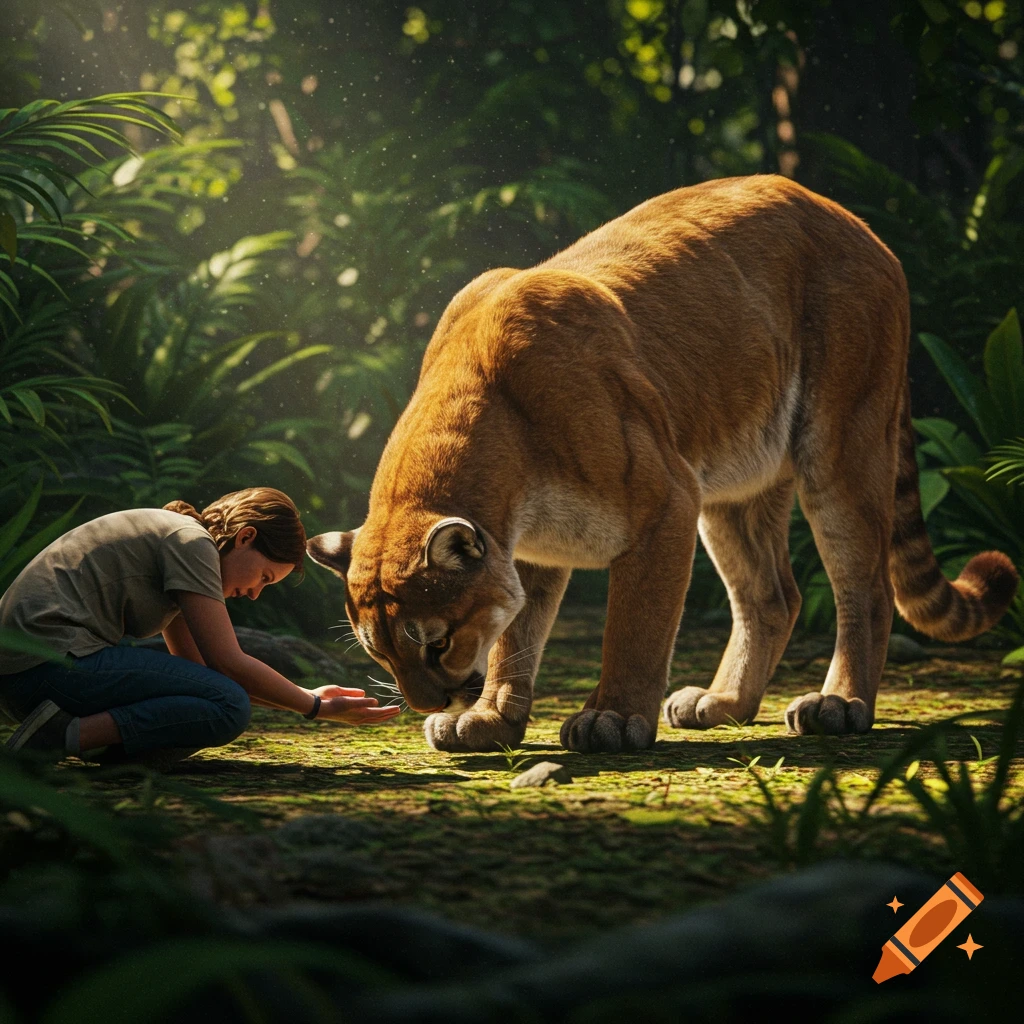 A person kneels in a forest, reaching out a hand to a large cougar bending its head down.