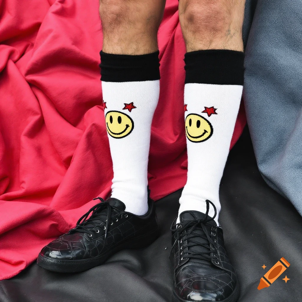 Lower legs and feet wearing white socks with smiley faces and red stars, and black textured shoes.