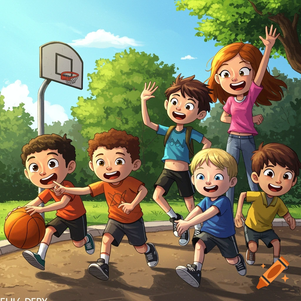 Illustrated group of diverse children playing basketball in a park.