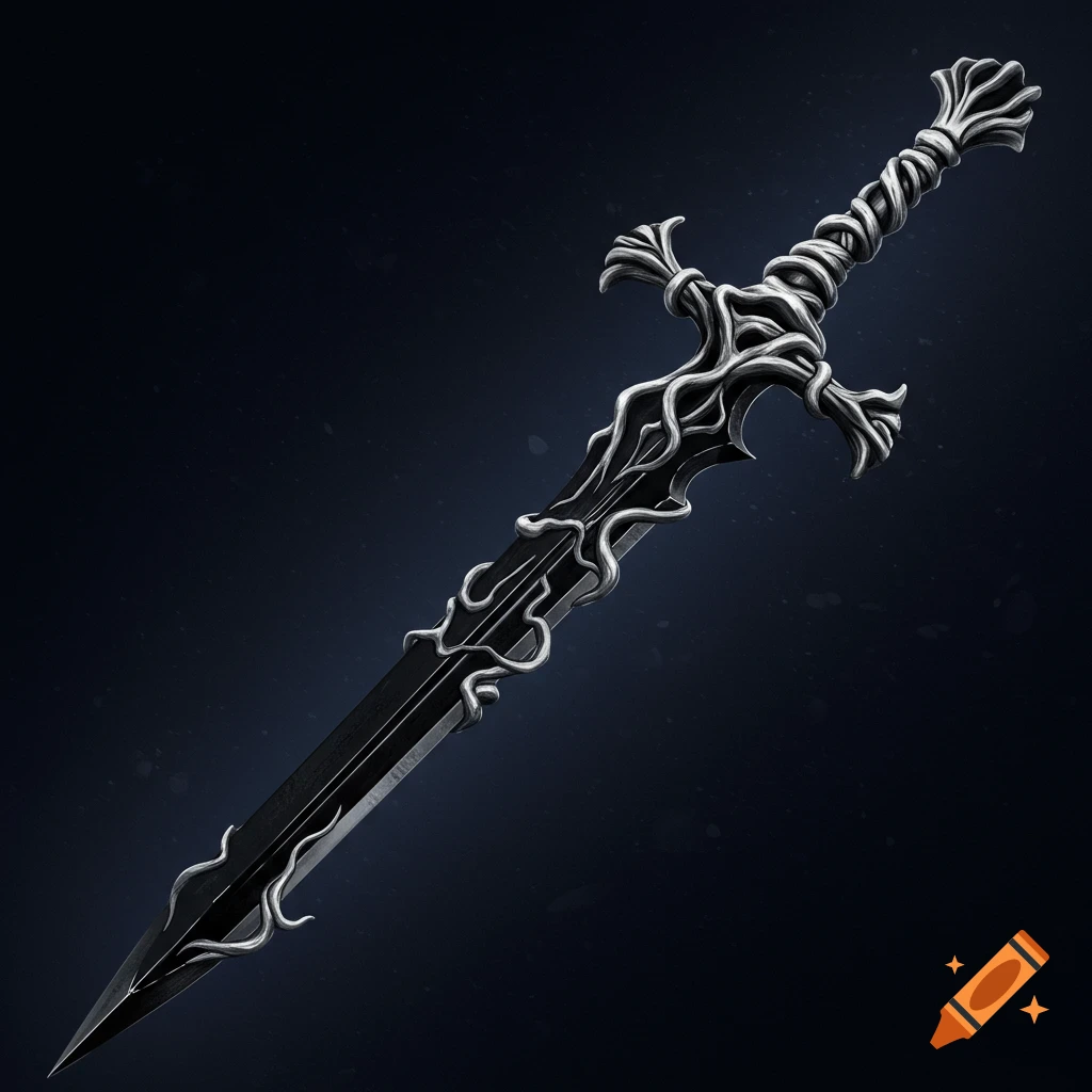A black sword with a silver root handle against a dark background.