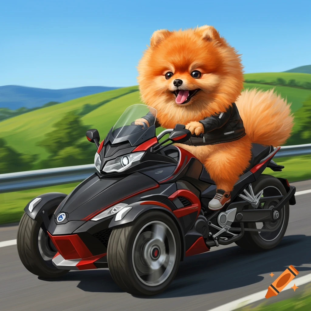 A fluffy Pomeranian dog is riding a black and red 3-wheeled motorcycle on a road.