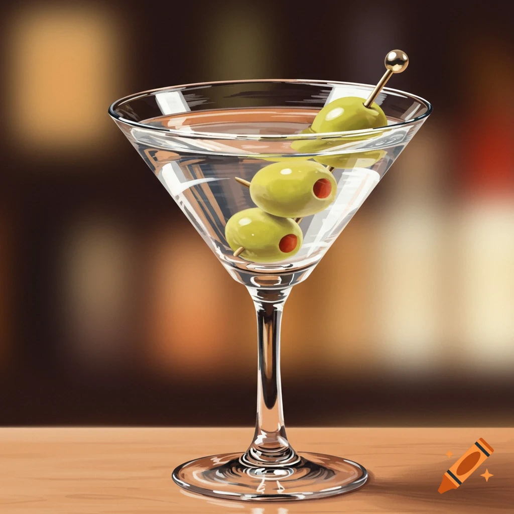 A martini glass with three green olives inside.