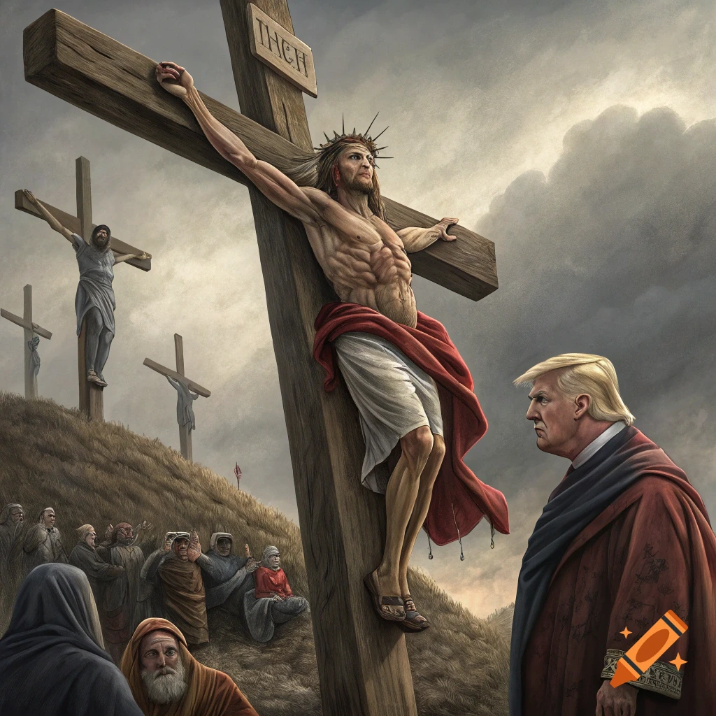 A crucifixion scene with Donald Trump on the central cross, with other crucified figures and onlookers on a hill under a cloudy sky.