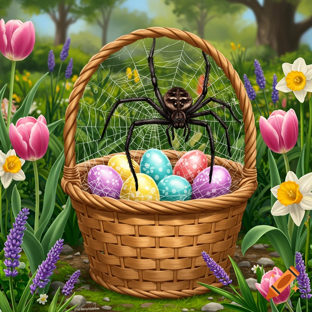 A spider on a web over an Easter basket filled with eggs, surrounded by tulips, daffodils, and lavender in a garden.