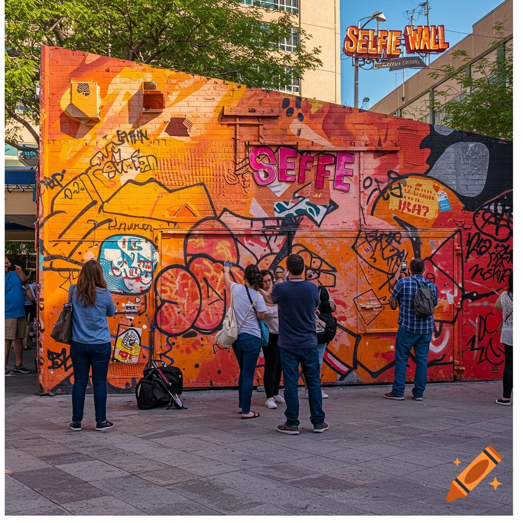 People take photos in front of a vibrant orange wall covered in graffiti, with a "Selfie Wall" sign above.