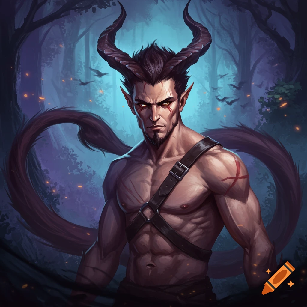 A demonic man with horns and a tail stands in a dark forest.