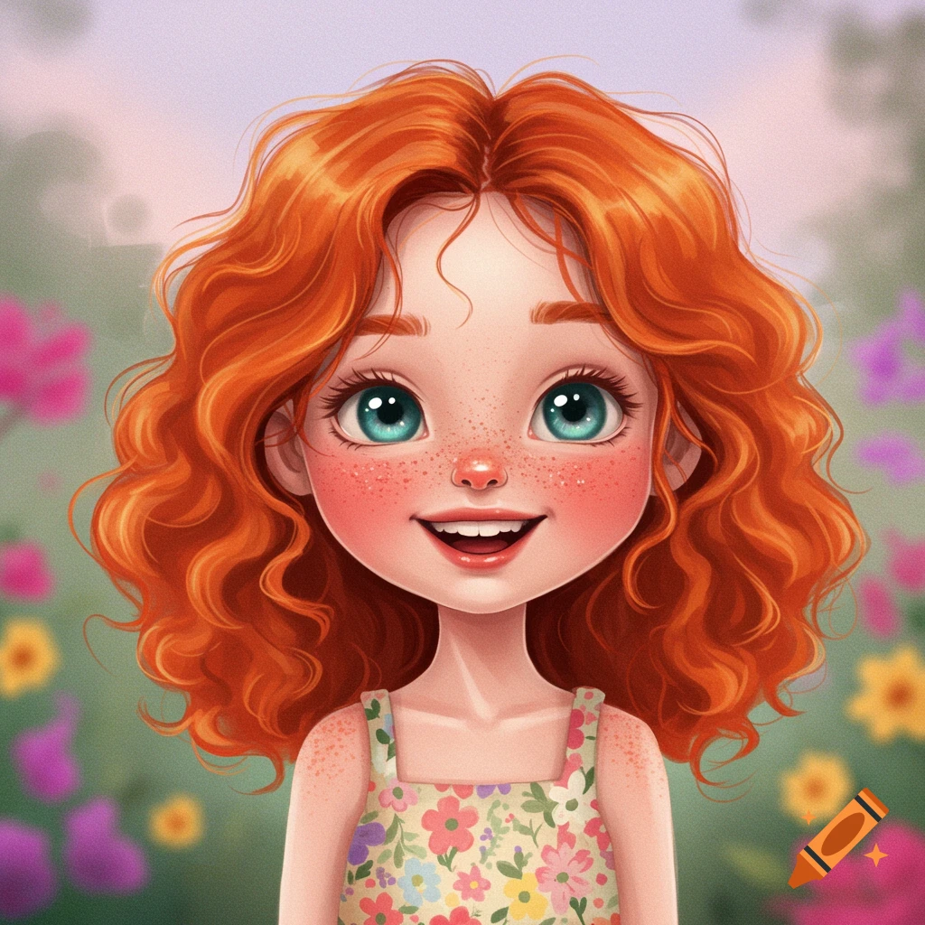 A cheerful redhead girl with freckles and blue eyes wears a floral sundress in a dreamy garden.