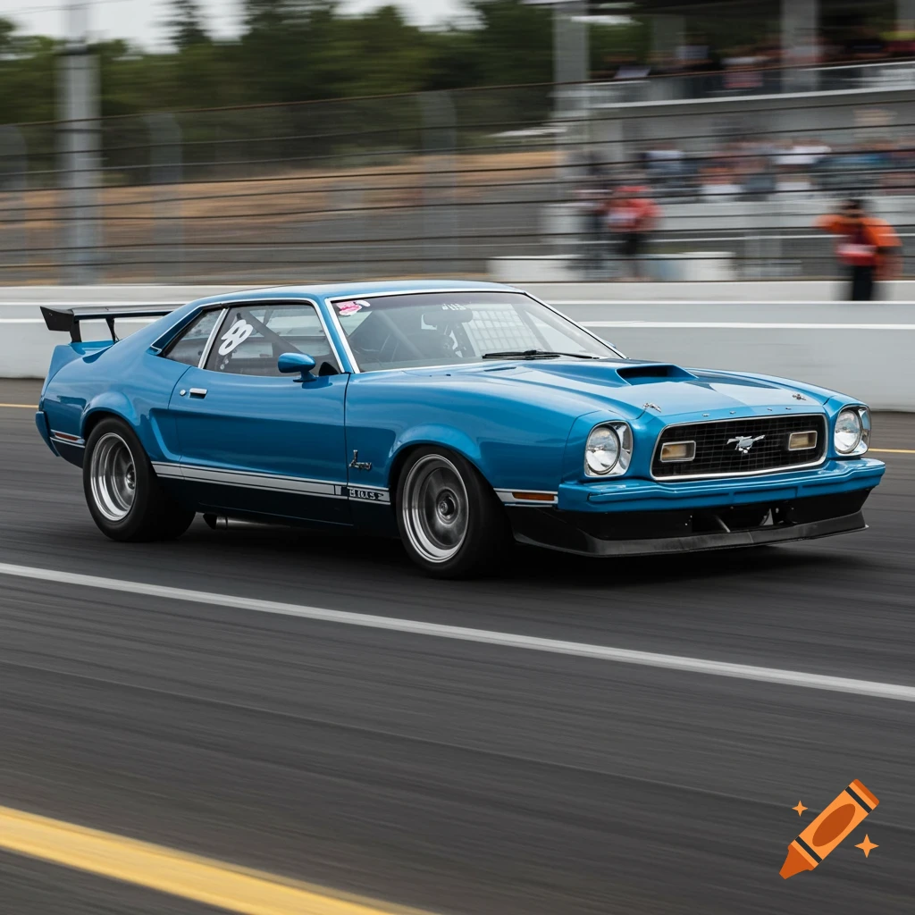 Blue 1974 Ford Mustang race car with number 88 on a track, motion blur suggesting speed.