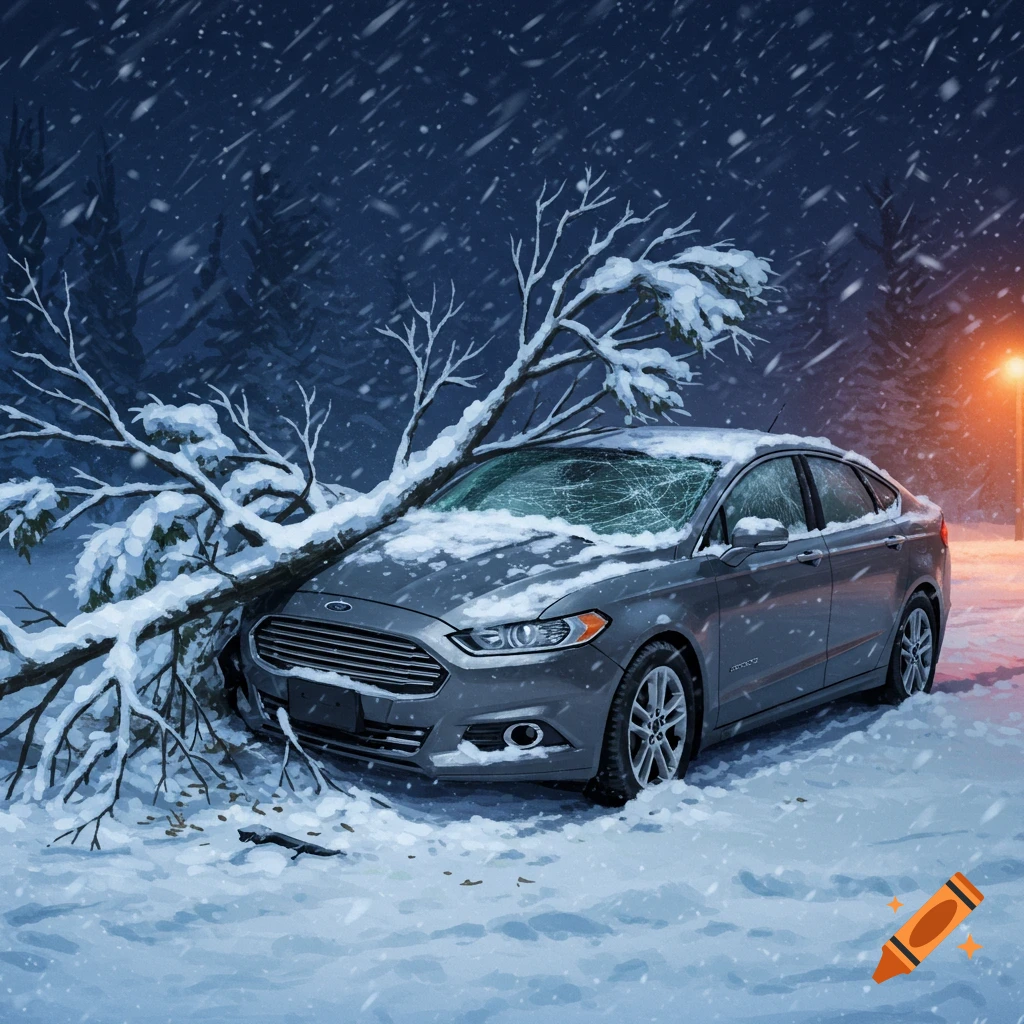A gray Ford Fusion car is crushed by a snow-covered tree branch during a heavy snowstorm at night.