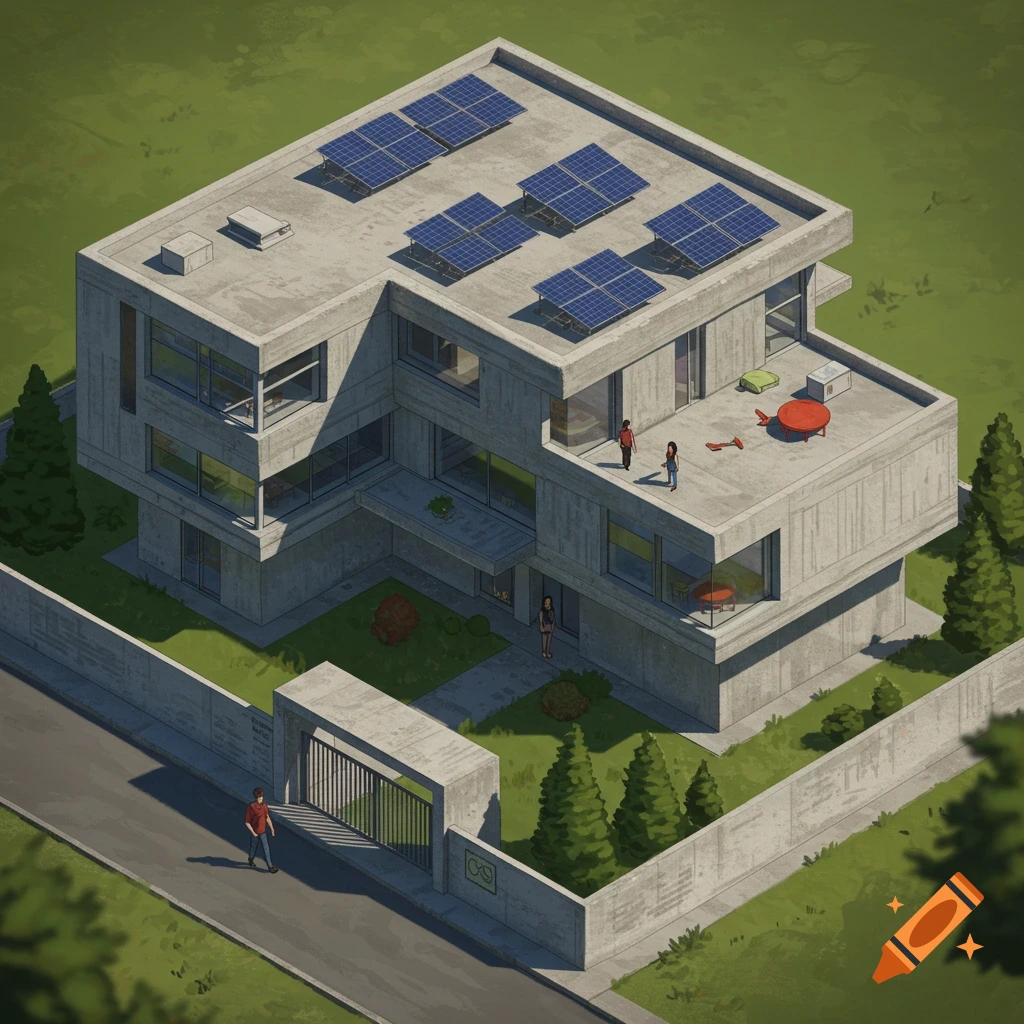 Isometric brutalist concrete house with solar panels.