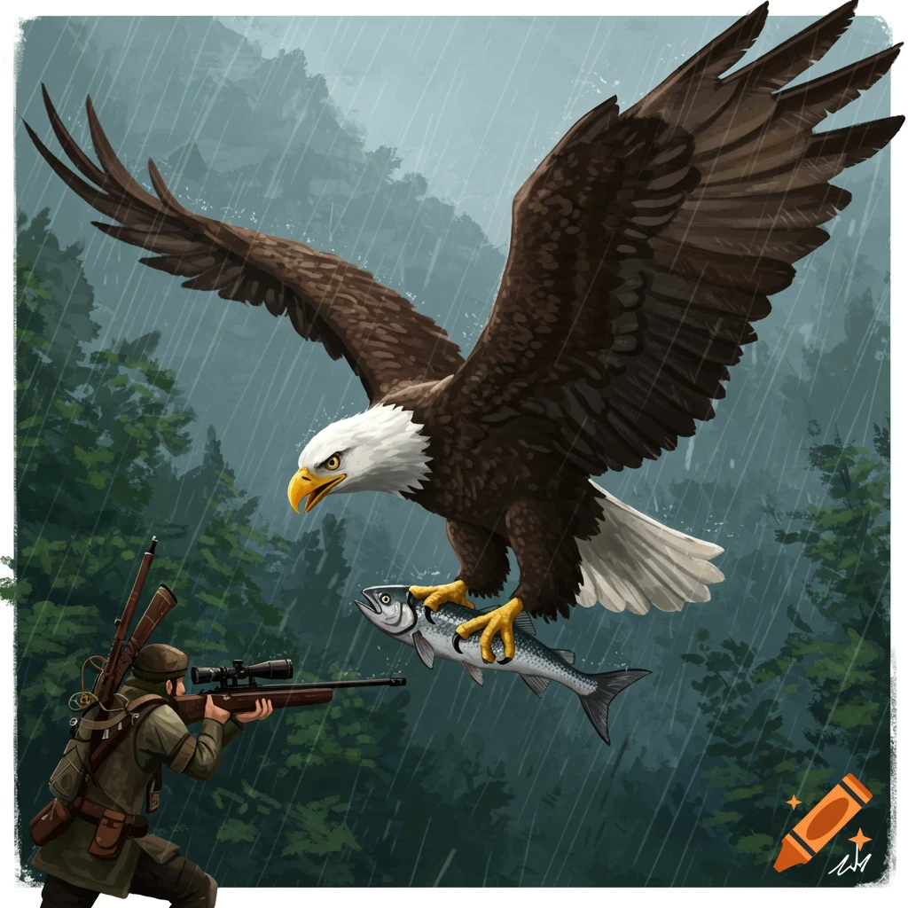 Eagle carrying fish attacked by hunter in rainy forest