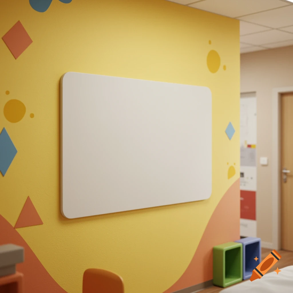 A brightly lit yellow wall with abstract geometric shapes and a blank whiteboard, suitable for a design mockup.