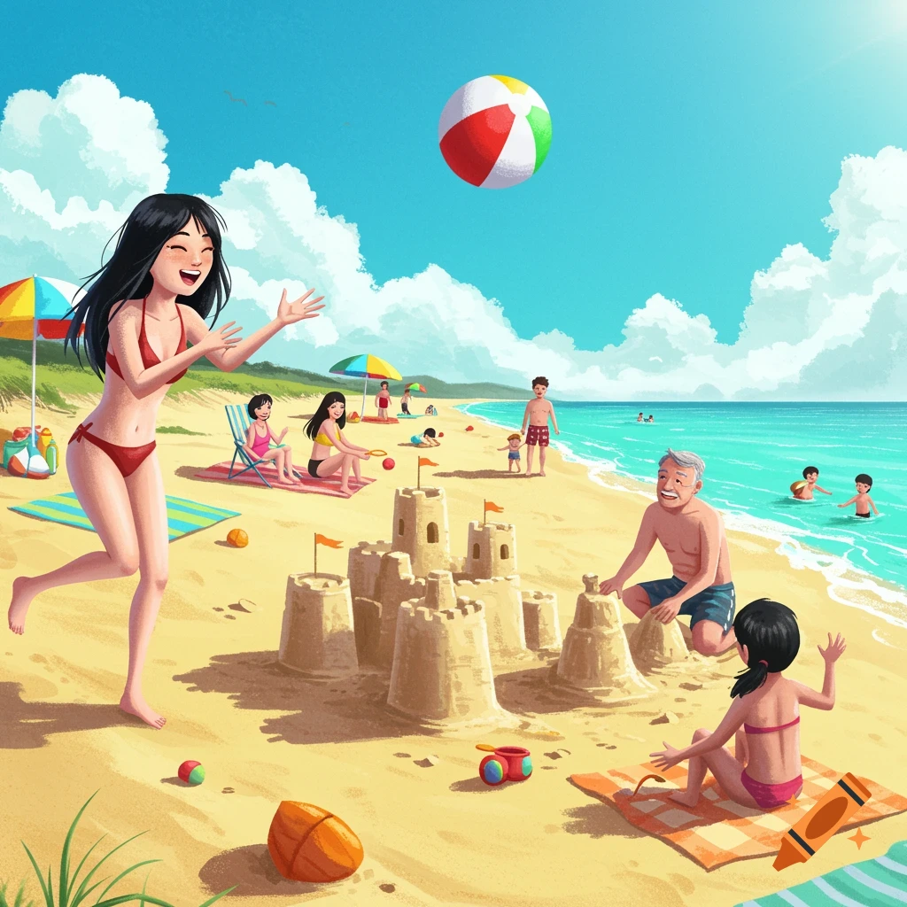 A vibrant cartoon depiction of a family beach day, with people building sandcastles and playing in the water.