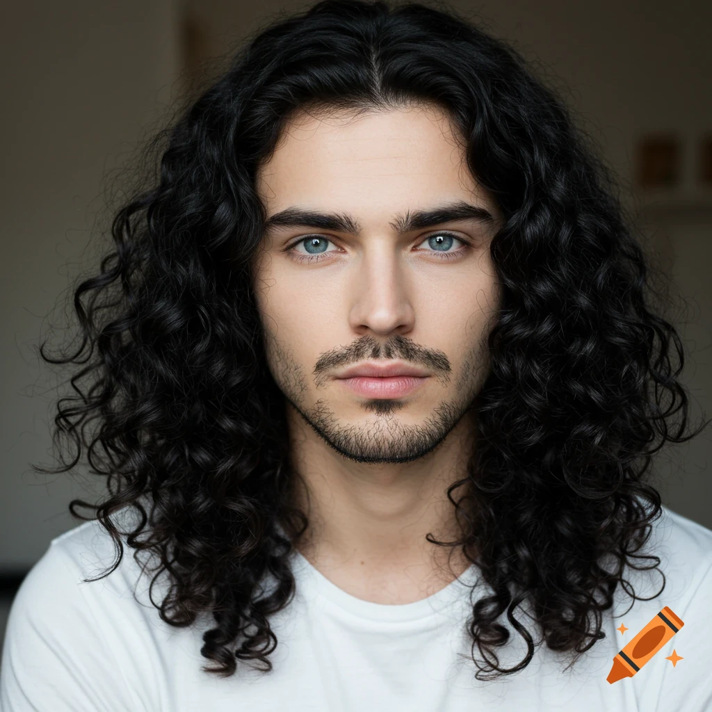 Photorealistic portrait of a man with long curly black hair and blue eyes.