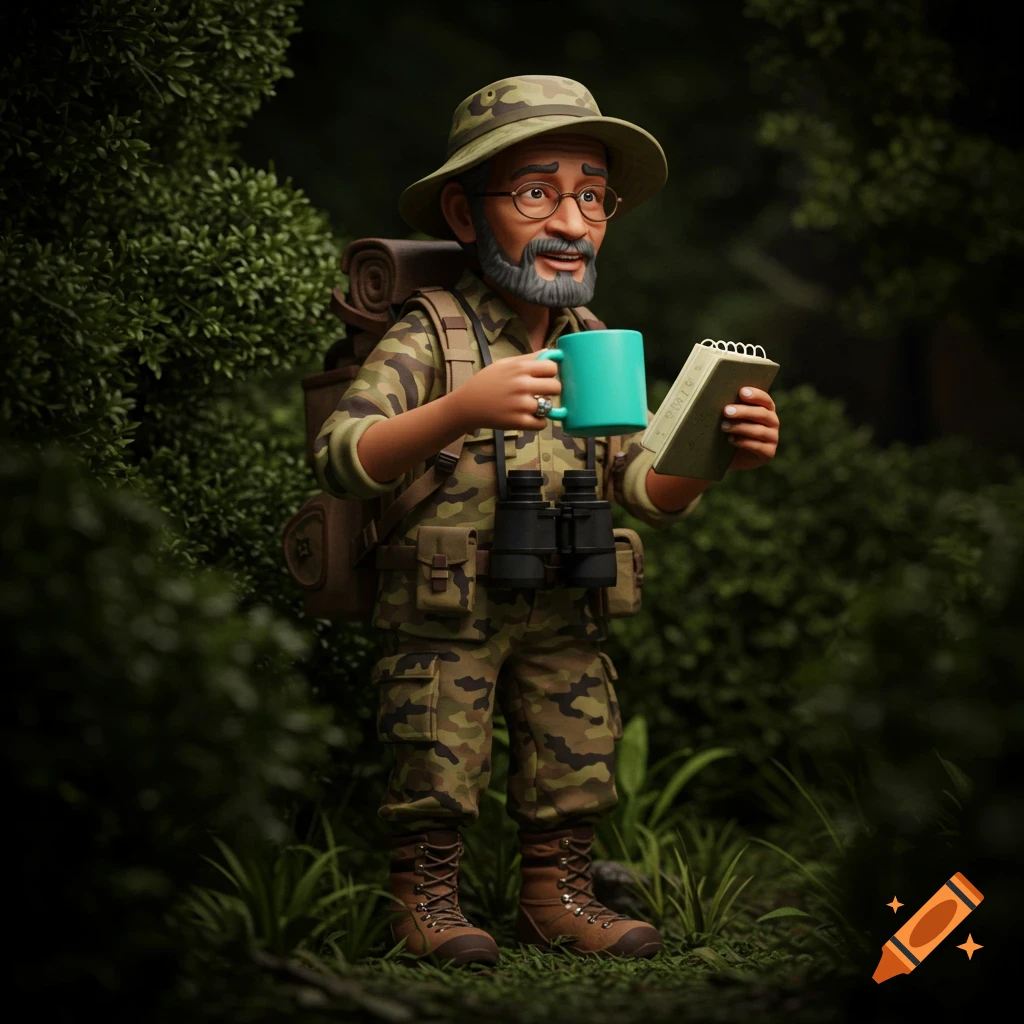 3D render of a cartoon-style ecologist in camouflage with a mug and notebook in a forest.