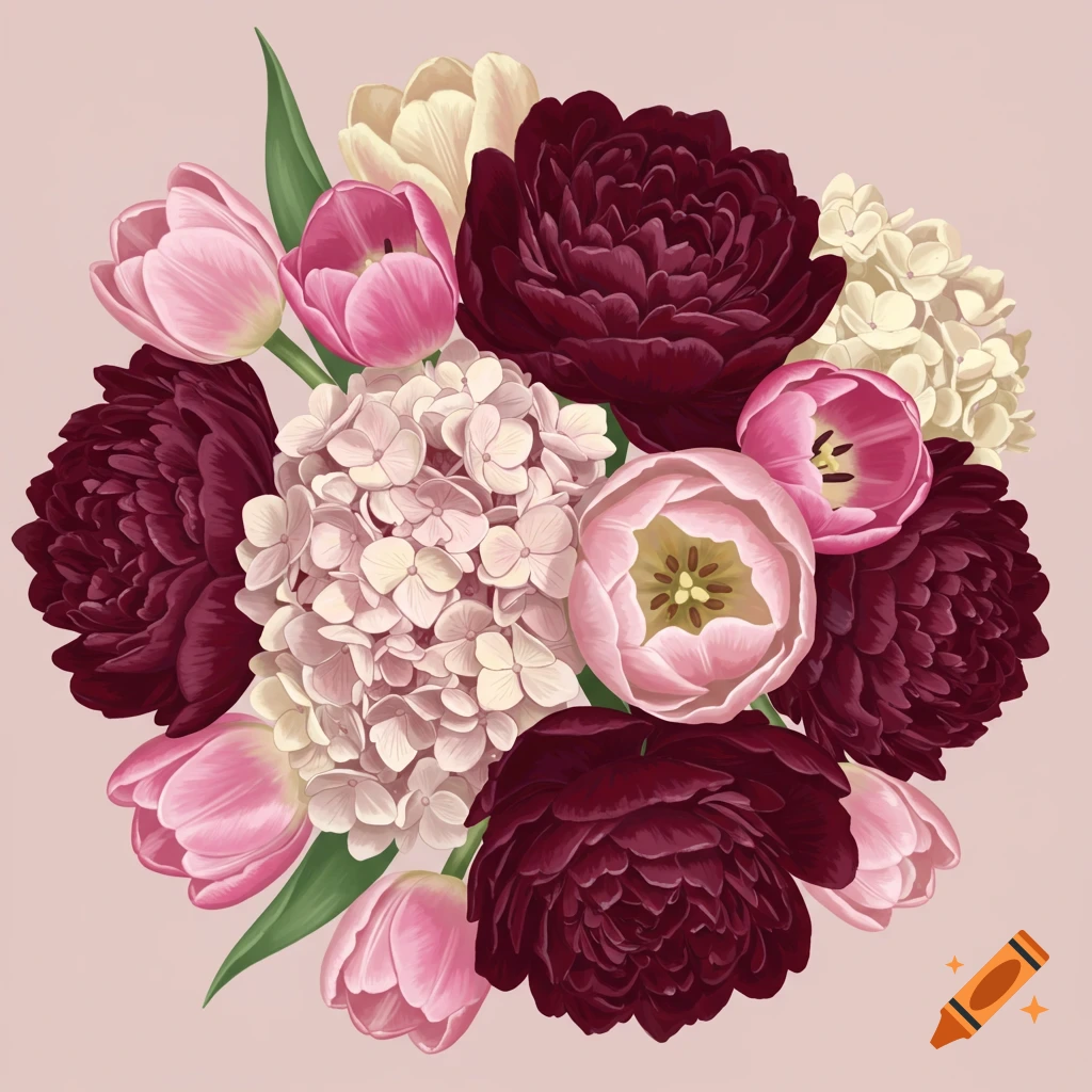 A bouquet with burgundy peonies, pink tulips, and cream hydrangeas.