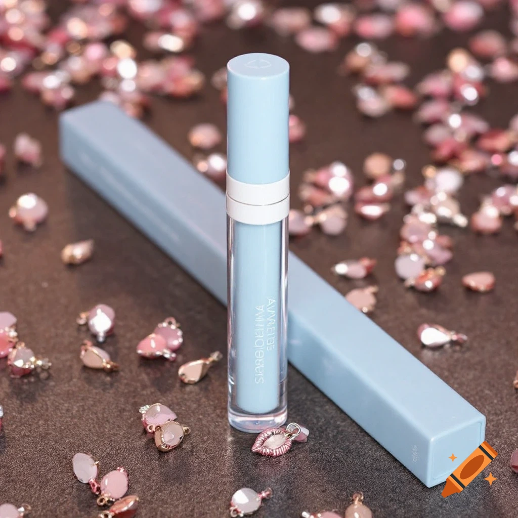 Light blue lip gloss tube and box surrounded by pink and gold lip-shaped charms and glitter, styled product photo.