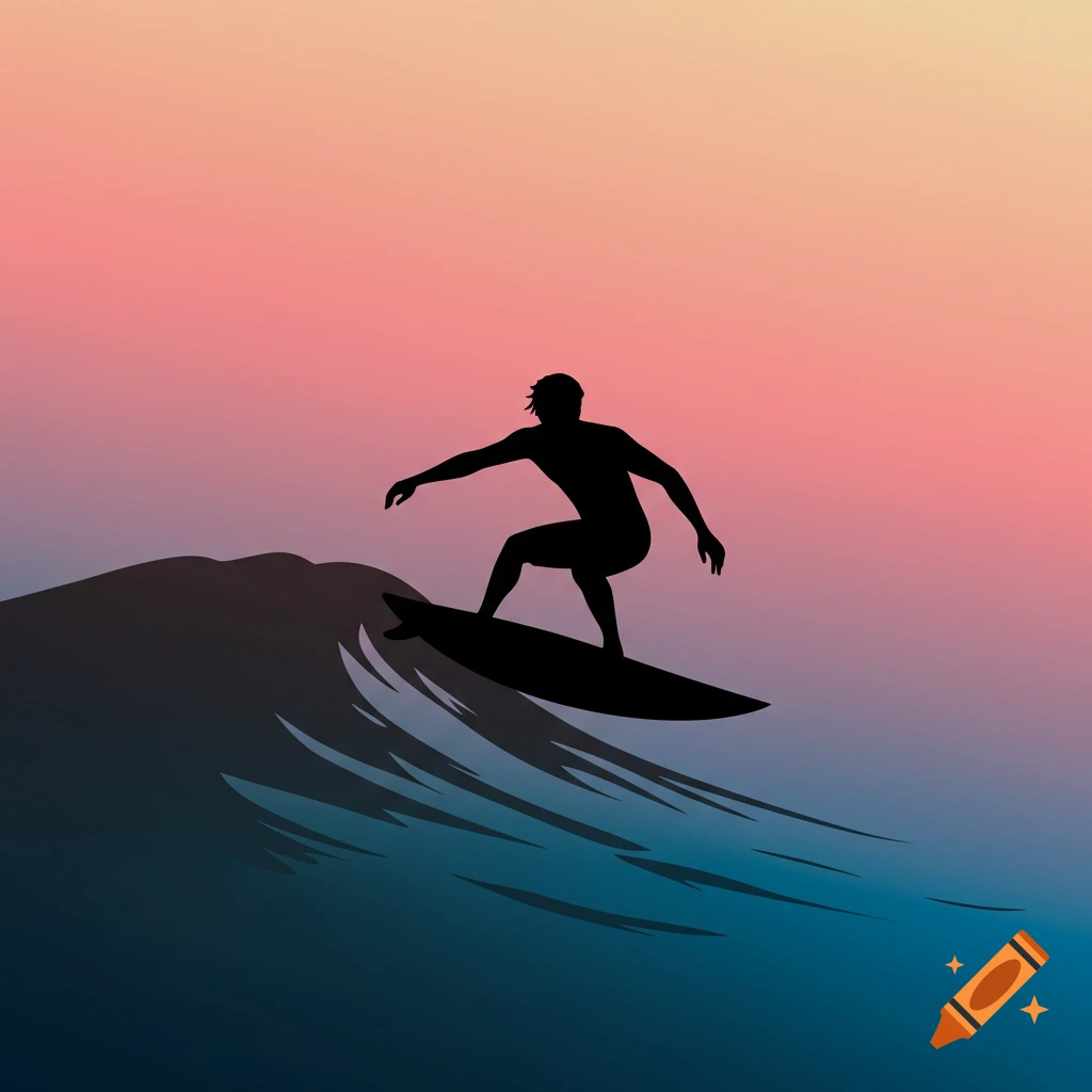 Silhouette of a surfer riding a wave against an ombre sunset sky.