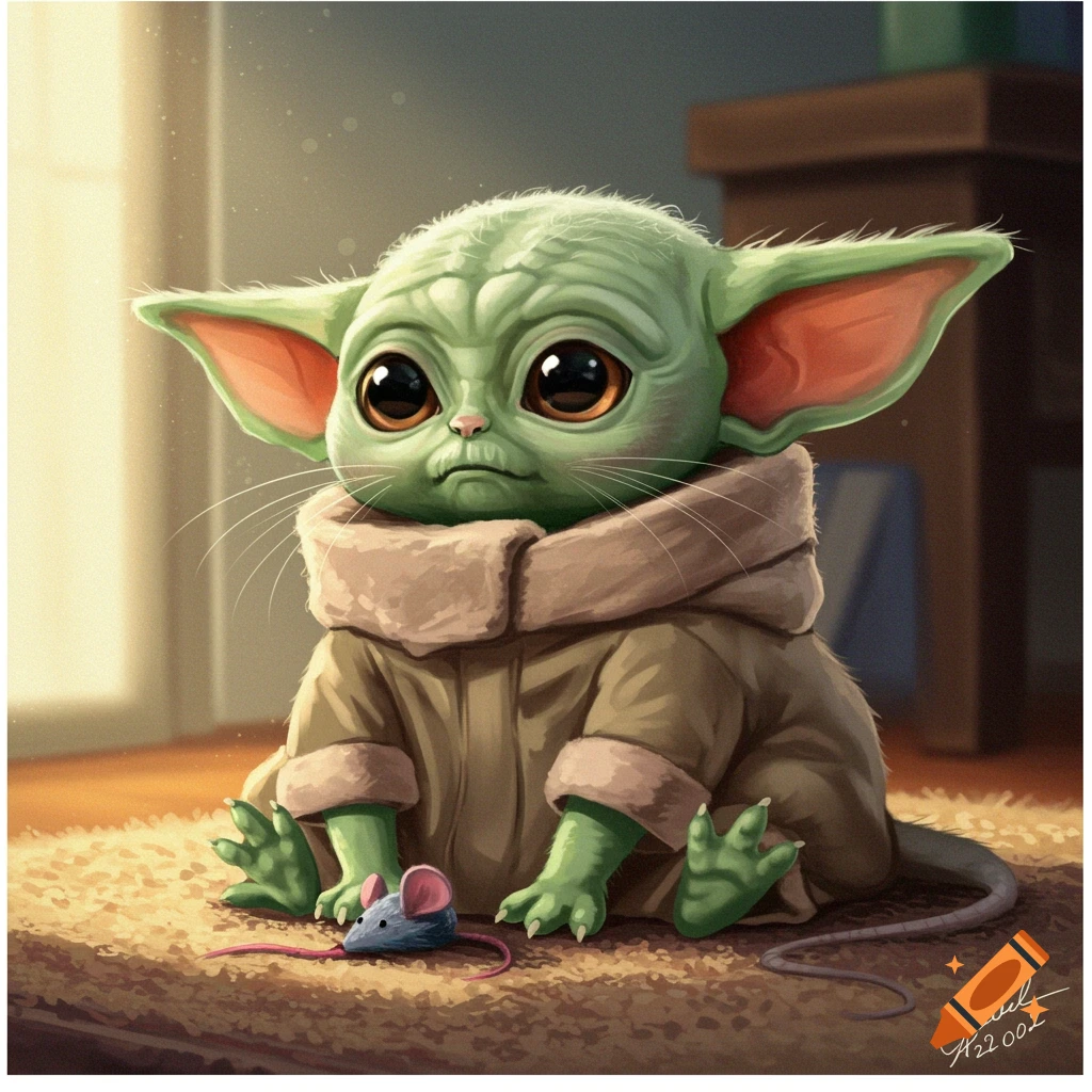 Cute Baby Yoda reimagined as a cat, sitting on a rug with a toy mouse.