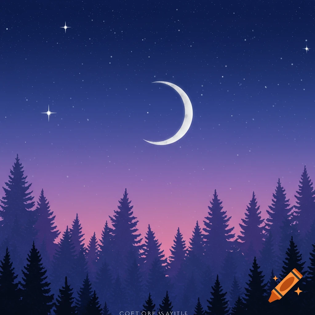 A night sky with a crescent moon over a forest silhouette.