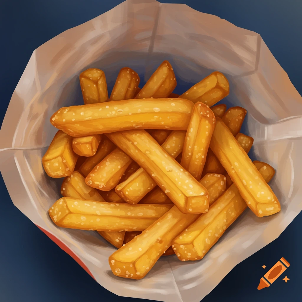 Close-up of french fries in a paper bag.