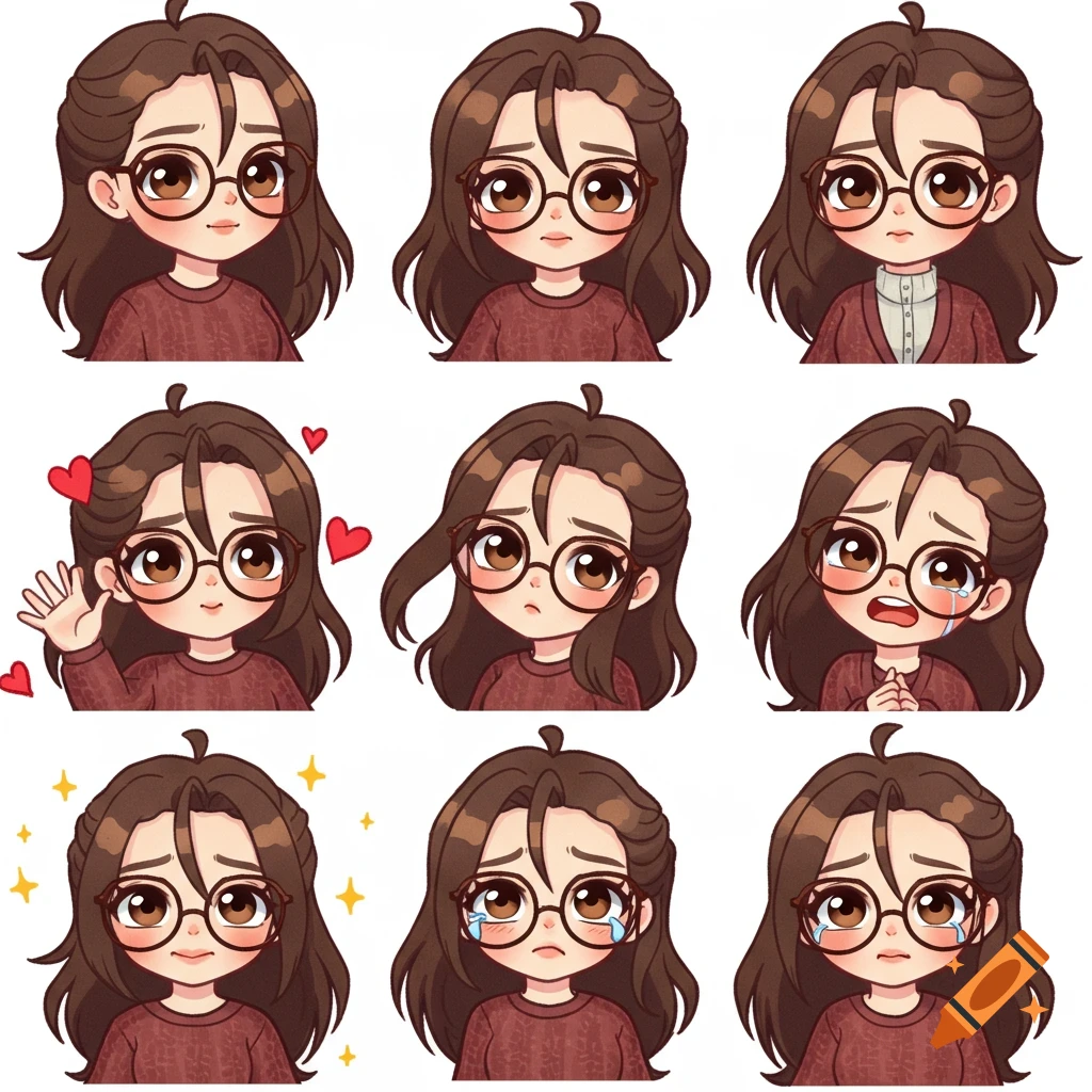 Multiple chibi illustrations of a girl with glasses showing different emotions.