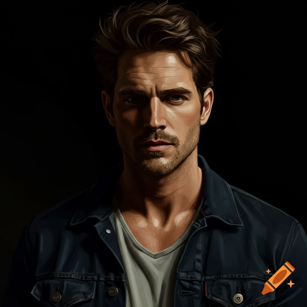 Portrait of a man in a denim jacket with dark lighting.