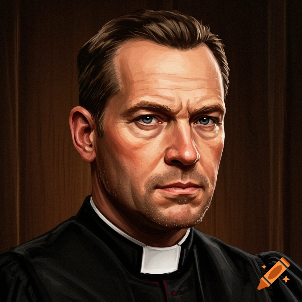 A serious man wearing a pastor's collar looking at the camera.