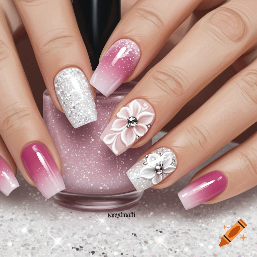 Hands with detailed nail art featuring pink ombre, white glitter, 3D white flowers, and gems, next to a bottle of glitter nail polish.
