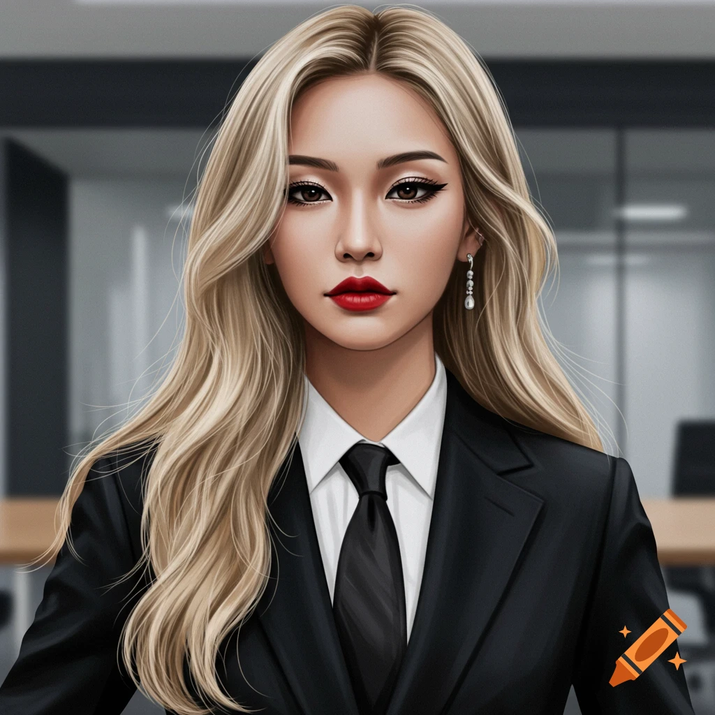A blonde woman in a black business suit and tie, wearing red lipstick, looking directly at the camera in an office setting.