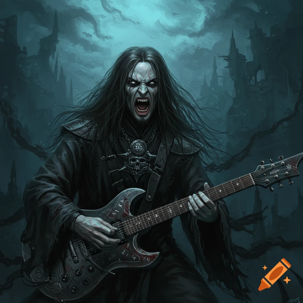 A dark fantasy character in robes plays an electric guitar with a skull pendant, in a gothic setting.