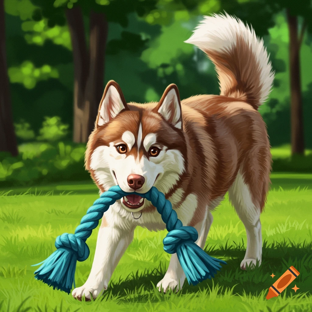 A brown and white husky playing with a blue rope toy in a grassy park.