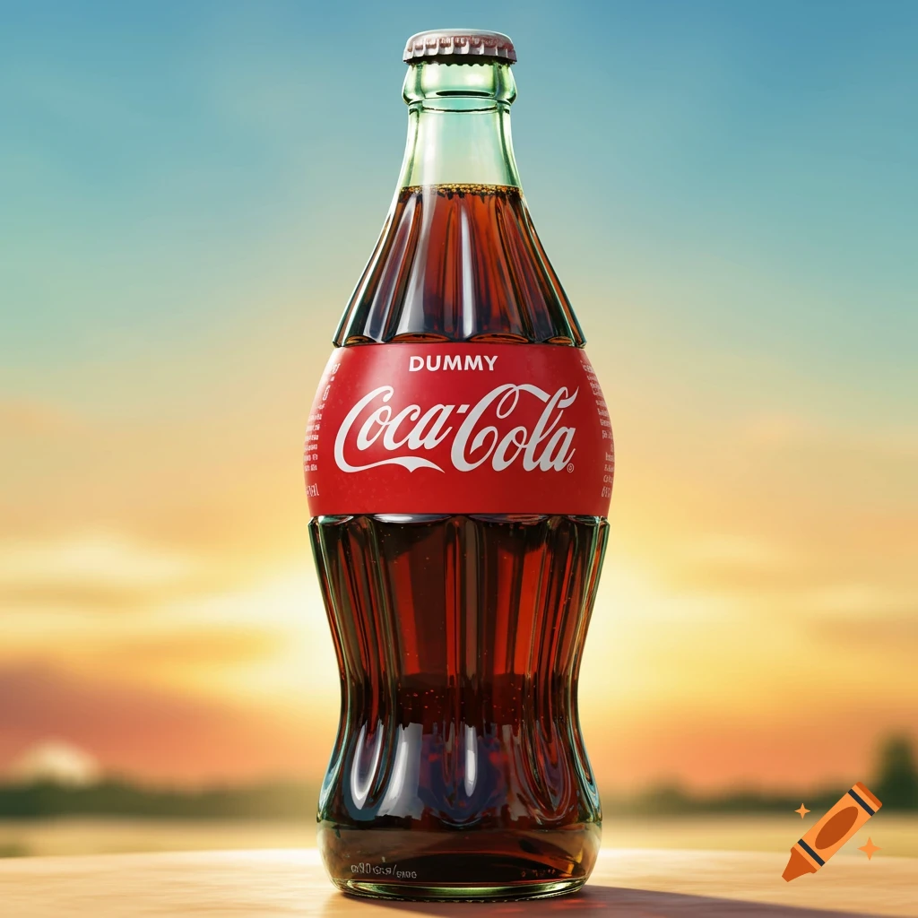 A photorealistic image of a Coca-Cola bottle against a blurry sunset background.