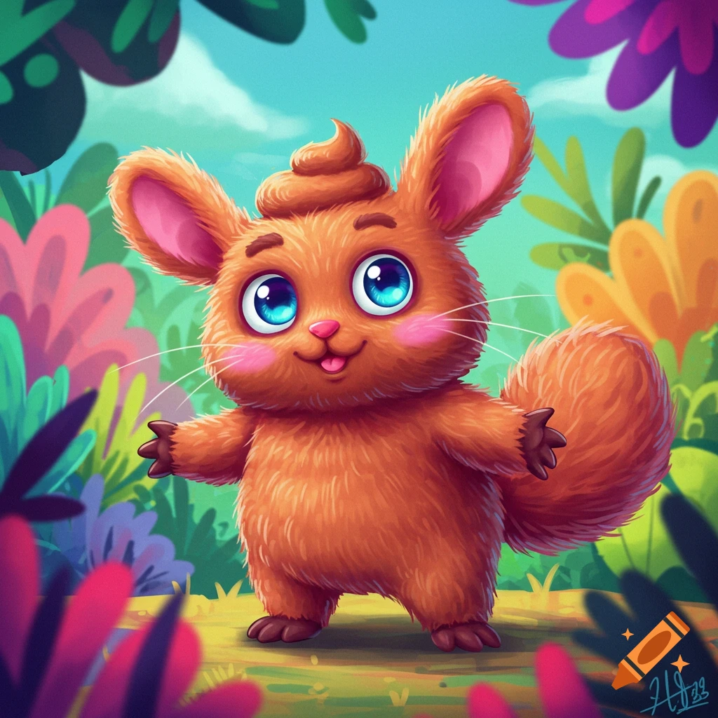 A cute orange fuzzy creature with big blue eyes and a swirl on its head stands in a colorful forest.