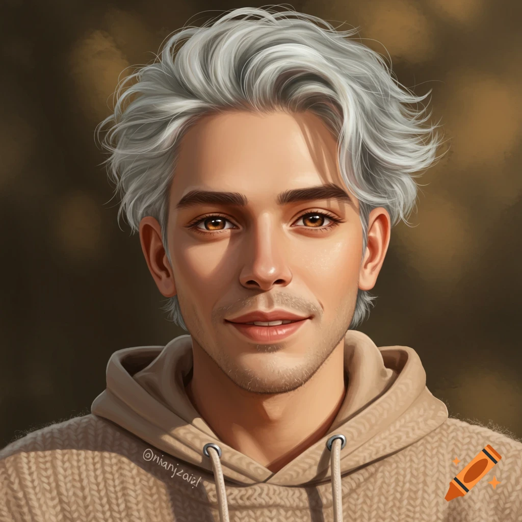 A man with grey hair and brown eyes wears a tan hoodie.