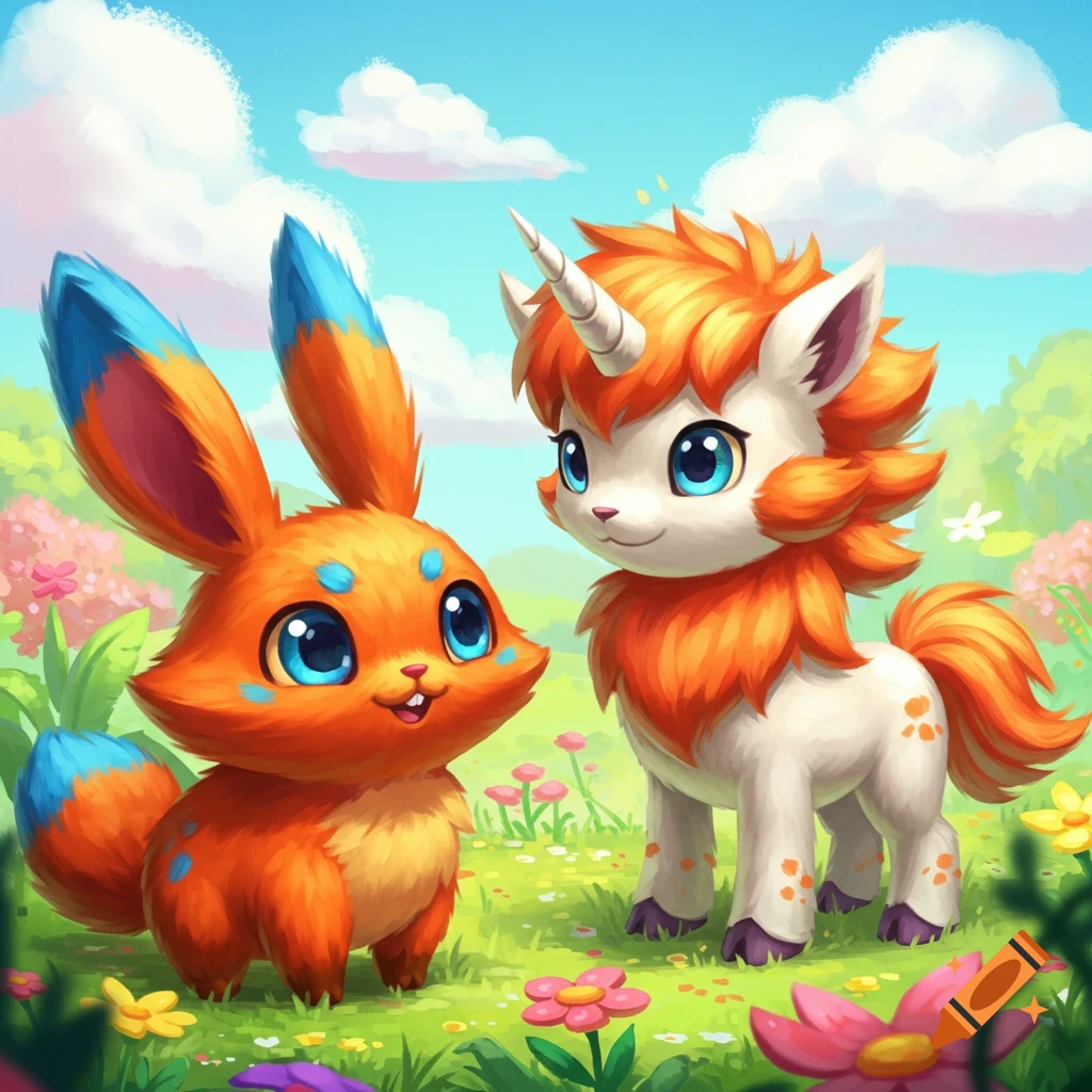 Two cute orange and white fantasy creatures stand in a bright, colorful grassy field.