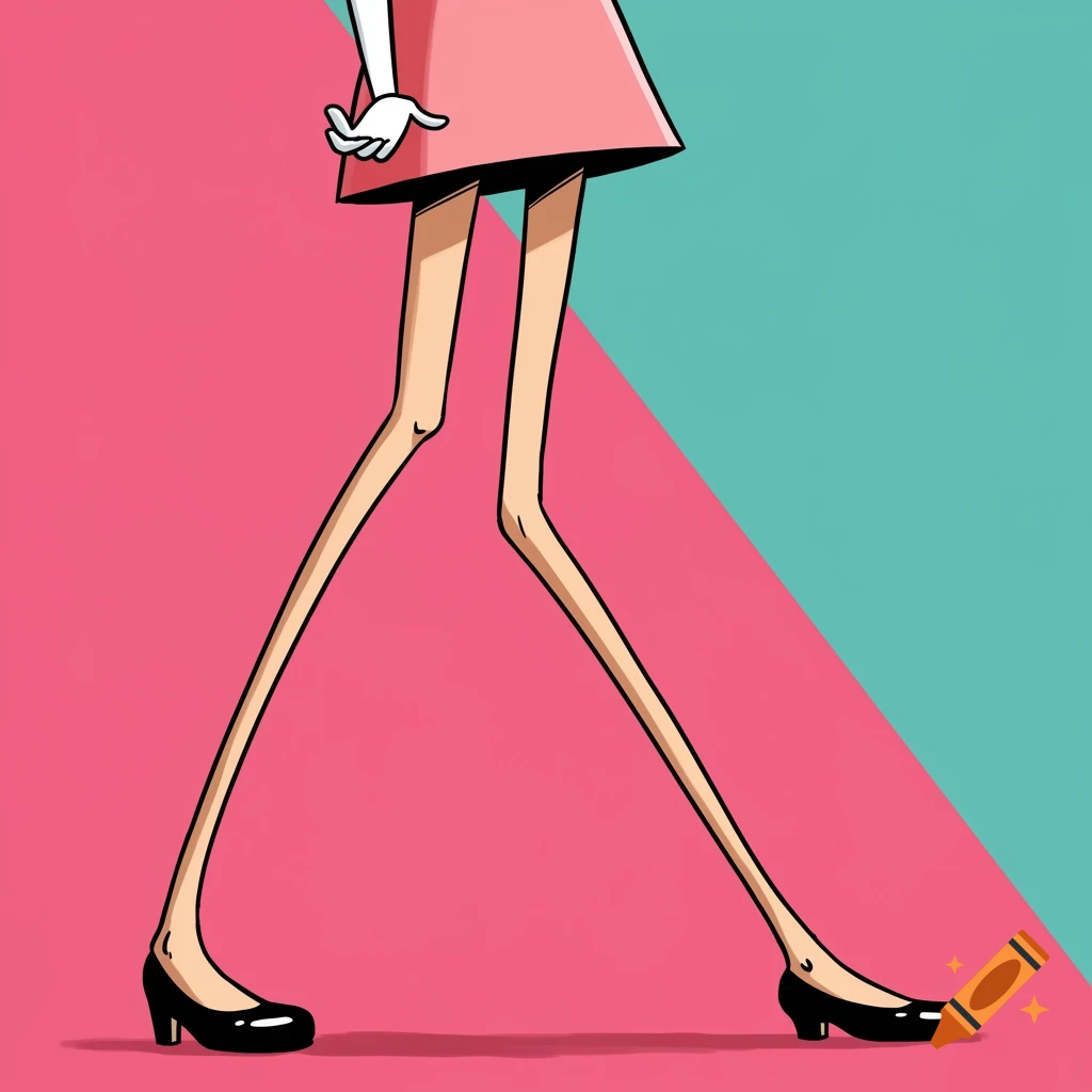 Cartoon illustration of a person with exaggeratedly long legs wearing a pink dress and black heels, walking on a split pink and teal background.