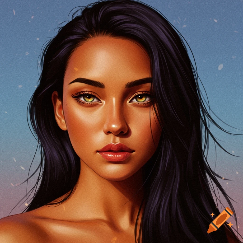 Portrait of a woman with long dark hair and amber eyes against a gradient sky.