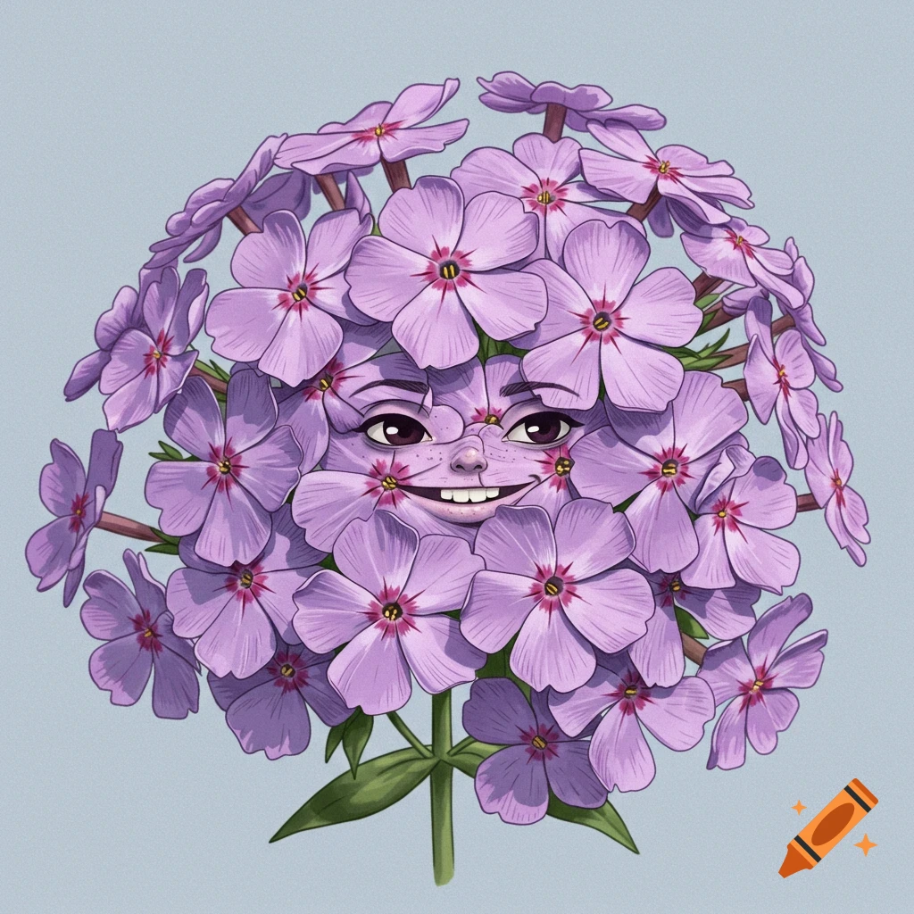 Illustration of a purple creeping phlox flower cluster with a human-like face in the center, smiling slyly.