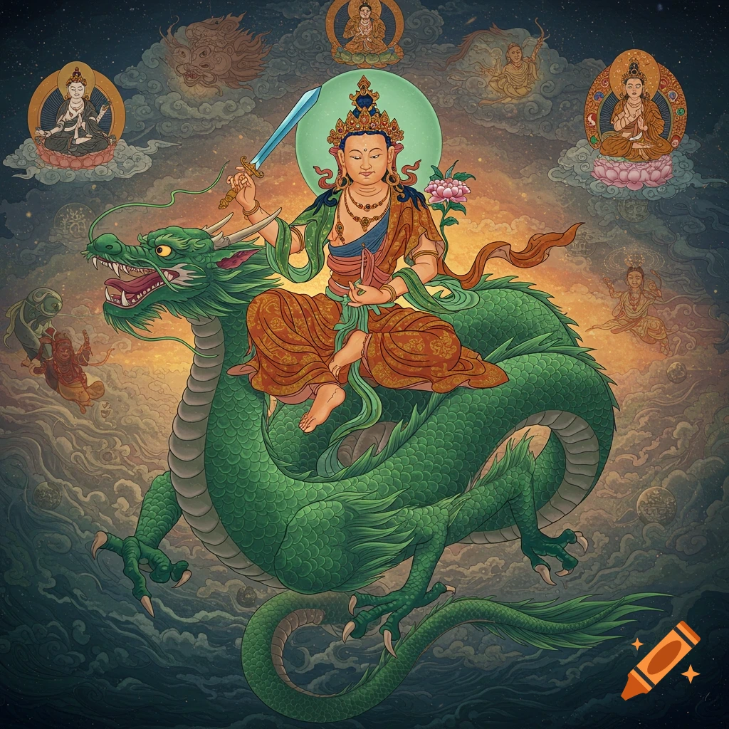 Manjushri riding a green dragon