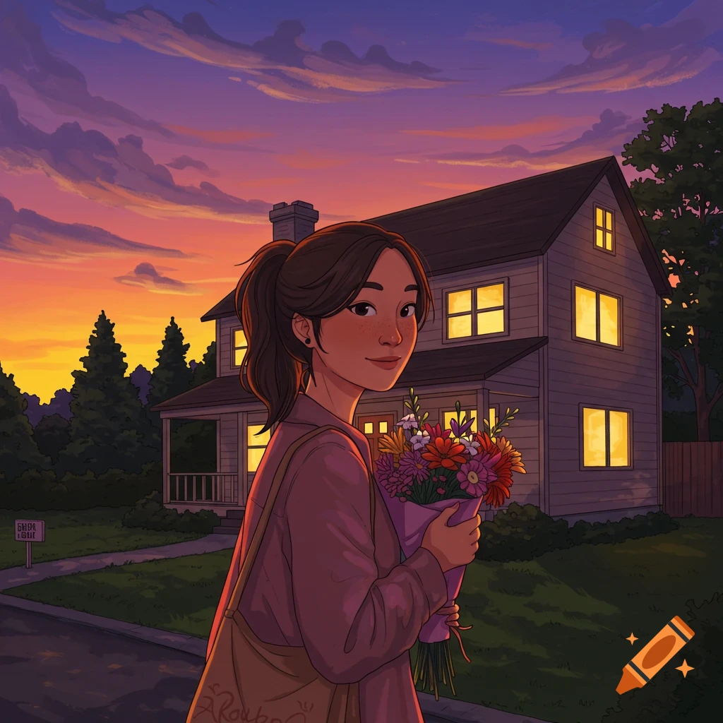 A person holding flowers walking in front of a house at sunset.