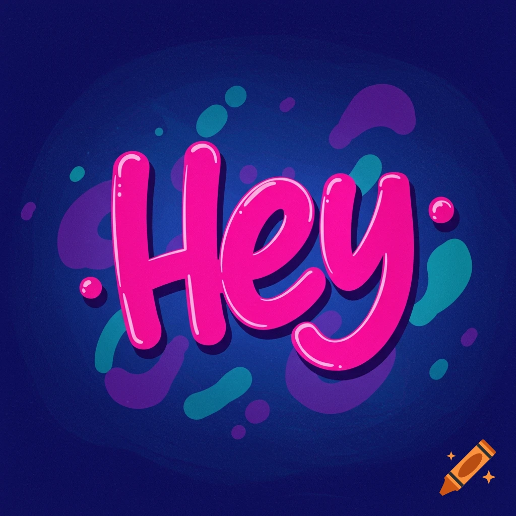 The word Hey in vibrant pink, purple, and teal on a dark blue background