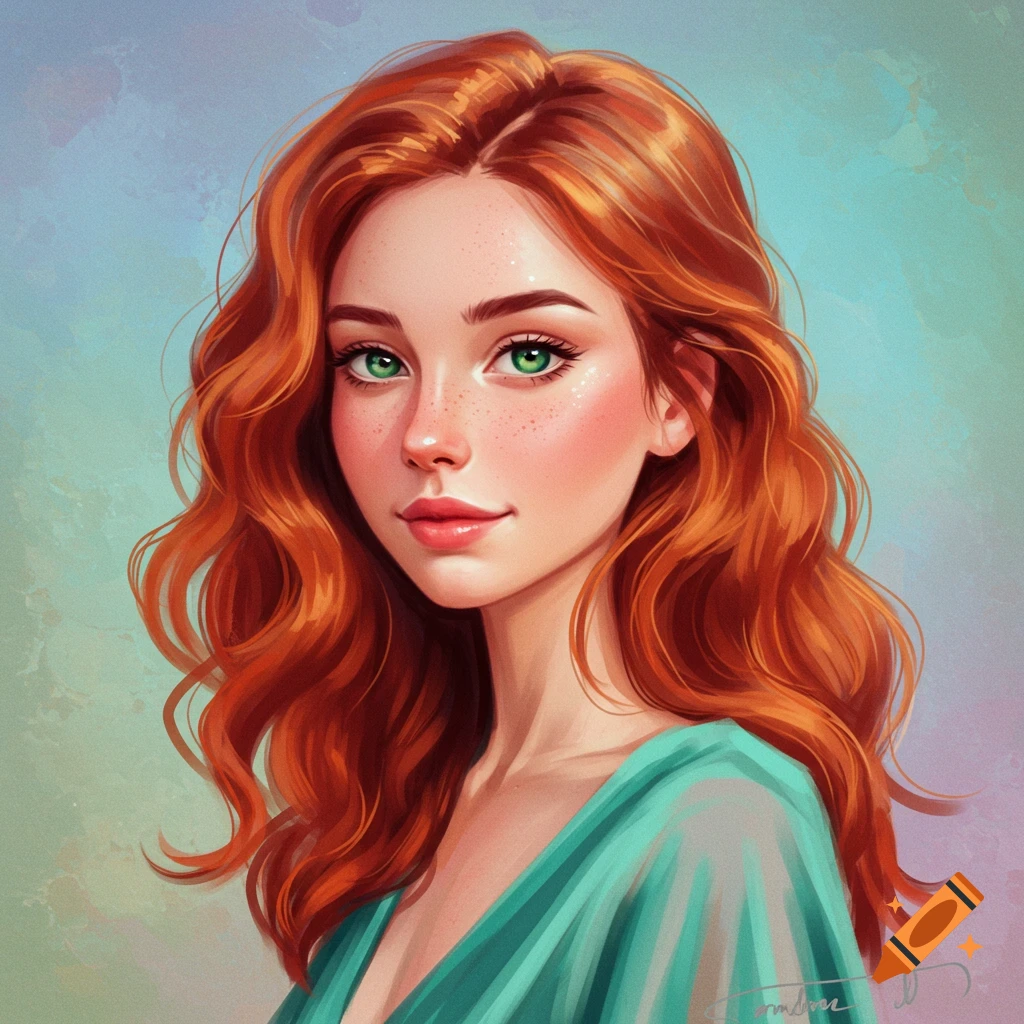 A woman with red hair, green eyes, and freckles.